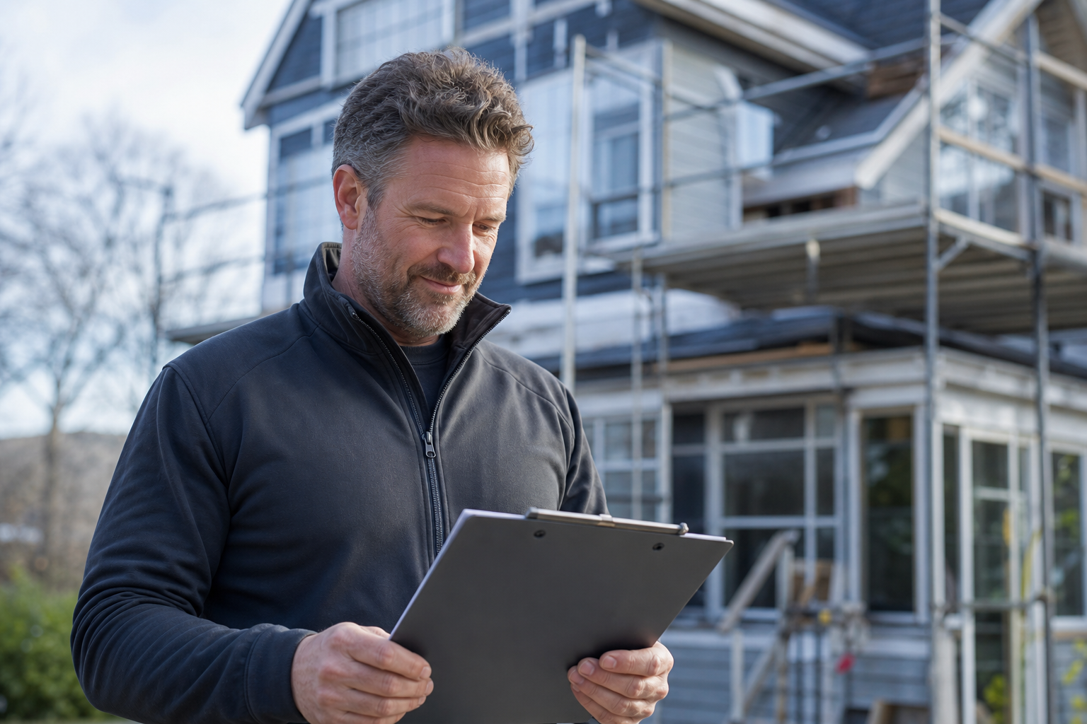 Thomas Bacis reviewing exterior remodeling plans at a Western Massachusetts jobsite