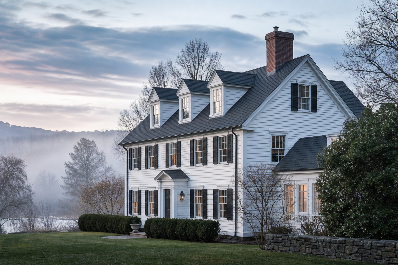 A New England colonial in Southampton, MA with a freshly installed roof and crisp siding