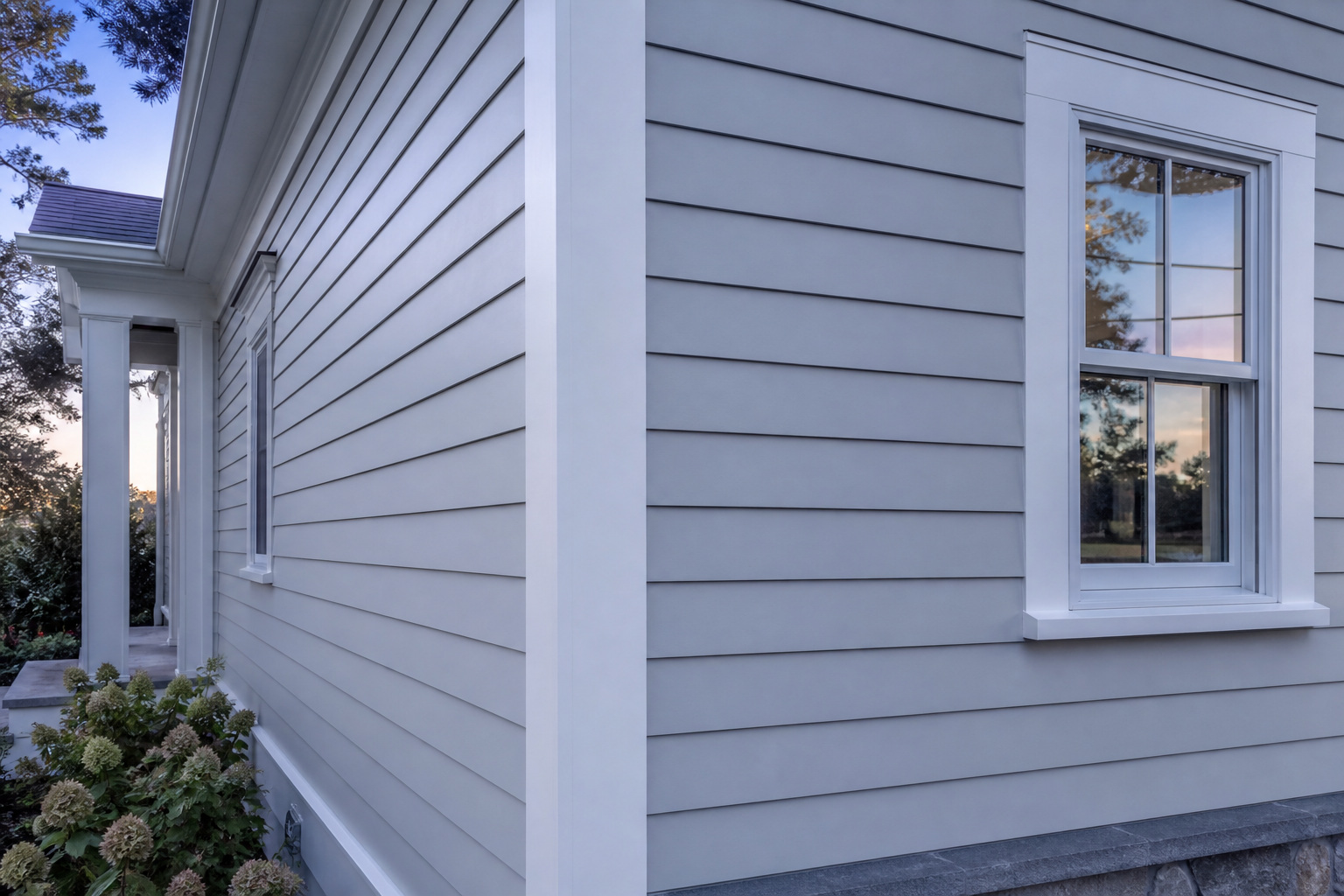 New fiber-cement siding and white trim on a remodeled home