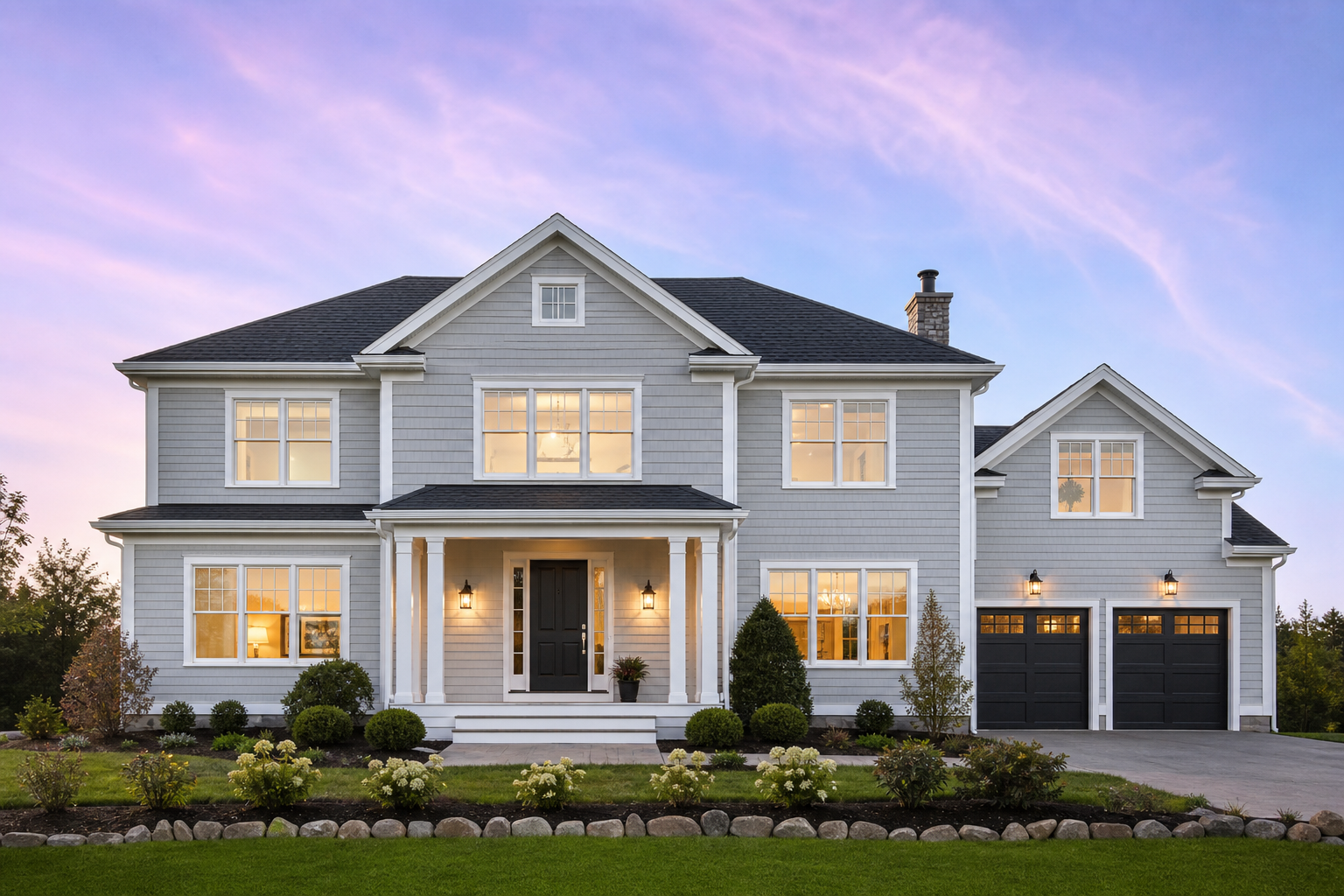 A fully remodeled New England home exterior with new roof and siding