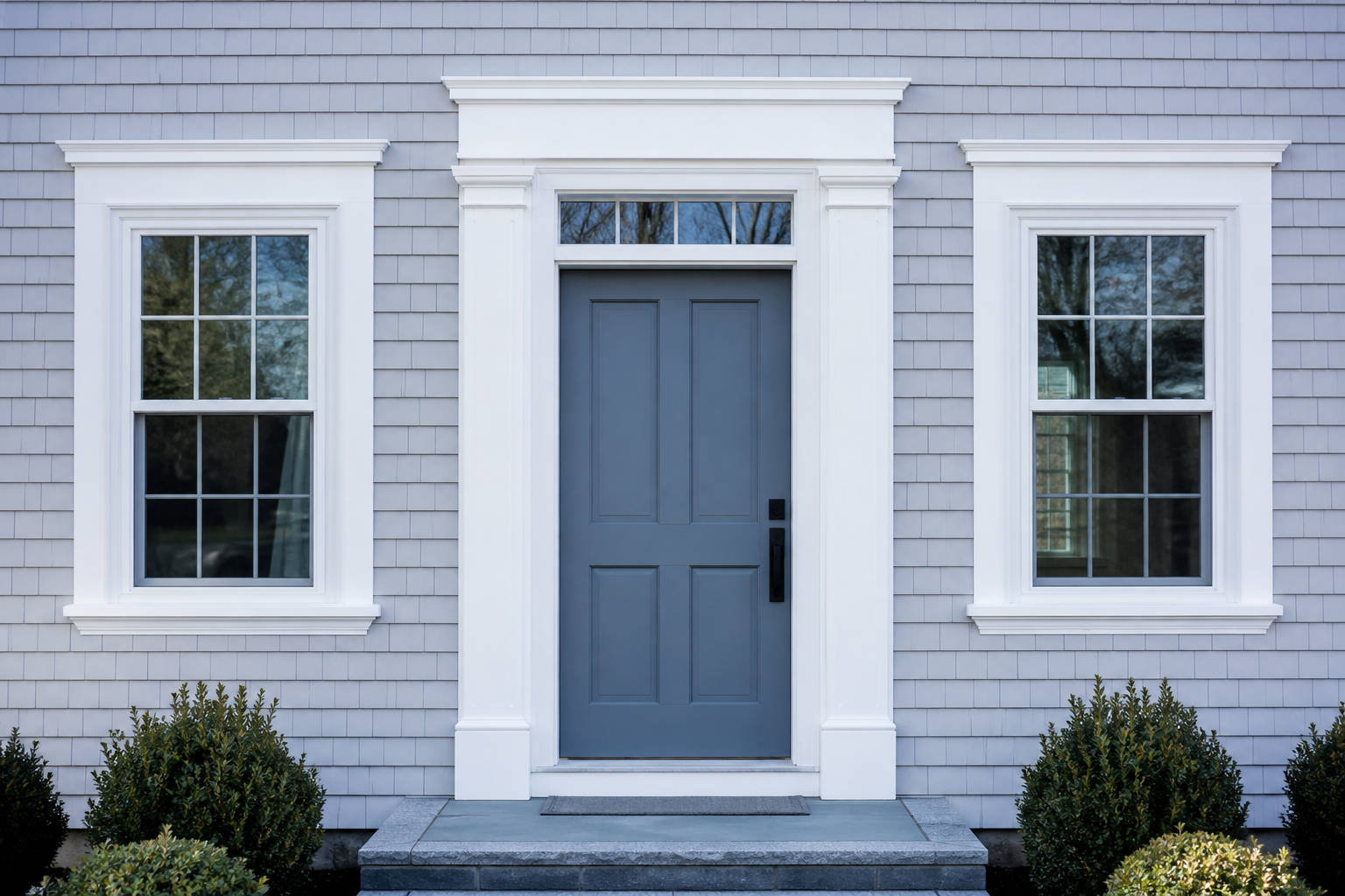 Replaced front entry door flanked by two new windows